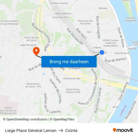 Liege Place Général Leman to Cointe map