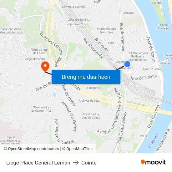 Liege Place Général Leman to Cointe map