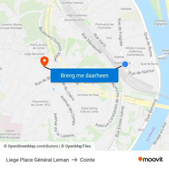 Liege Place Général Leman to Cointe map