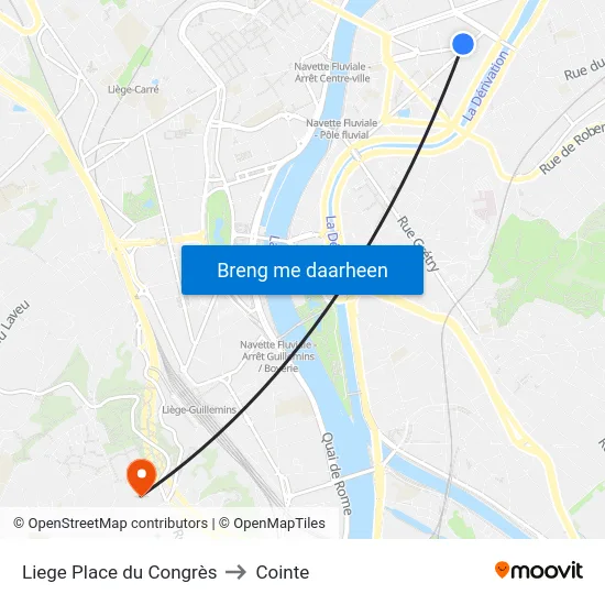 Liege Place du Congrès to Cointe map