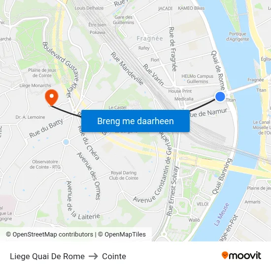 Liege Quai De Rome to Cointe map