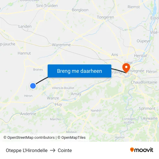 Oteppe L'Hirondelle to Cointe map