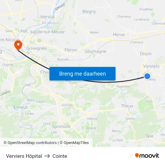 Verviers Hôpital to Cointe map