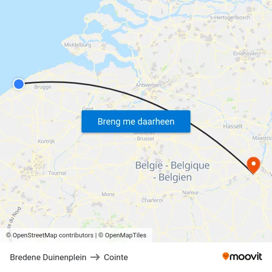 Bredene Duinenplein to Cointe map