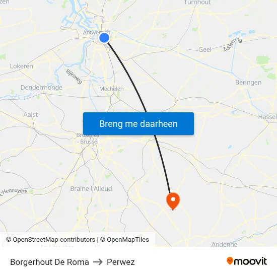 Borgerhout De Roma to Perwez map