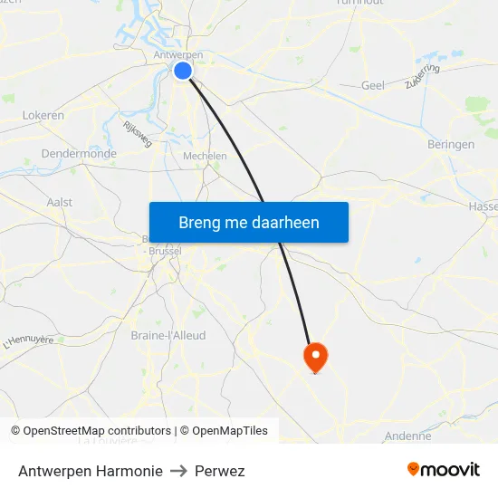 Antwerpen Harmonie to Perwez map
