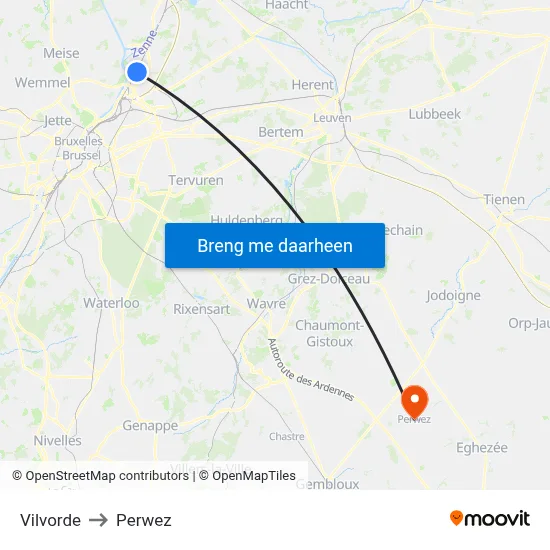 Vilvorde to Perwez map
