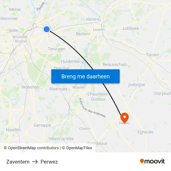 Zaventem to Perwez map
