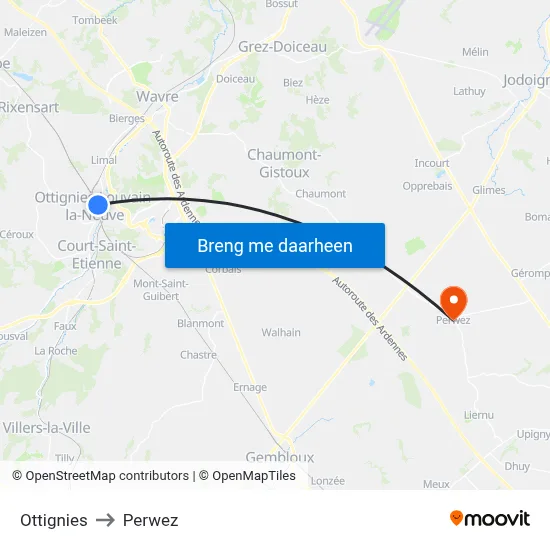 Ottignies to Perwez map