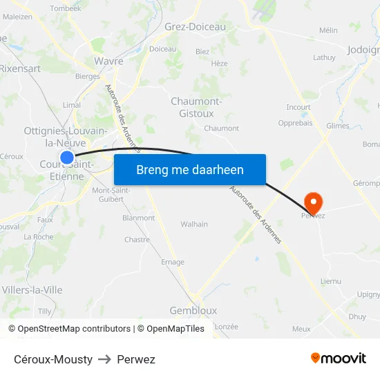 Céroux-Mousty to Perwez map
