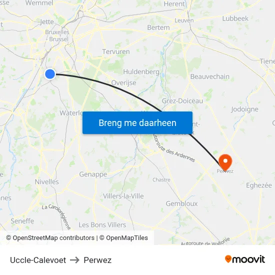 Uccle-Calevoet to Perwez map