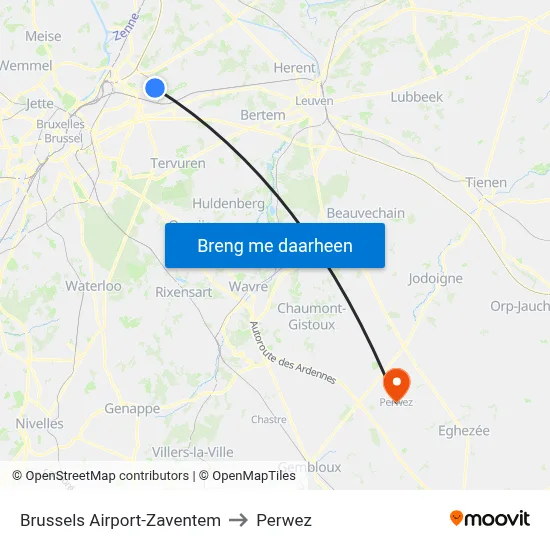 Brussels Airport-Zaventem to Perwez map