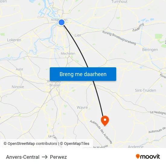 Anvers-Central to Perwez map