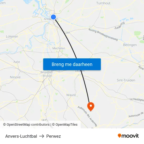Anvers-Luchtbal to Perwez map
