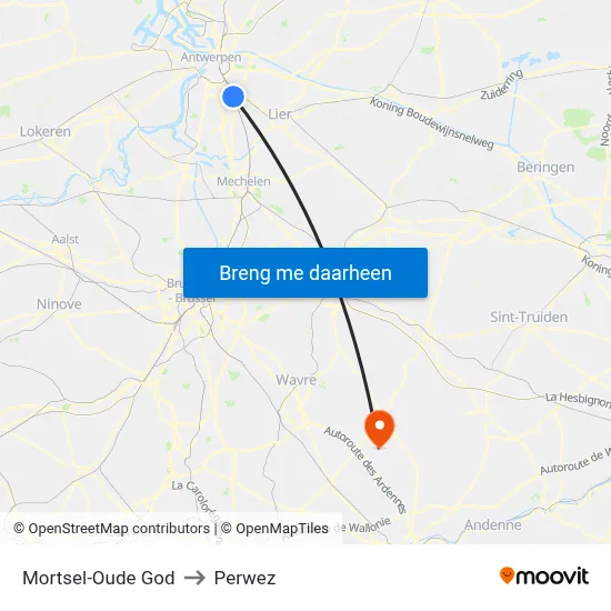 Mortsel-Oude God to Perwez map
