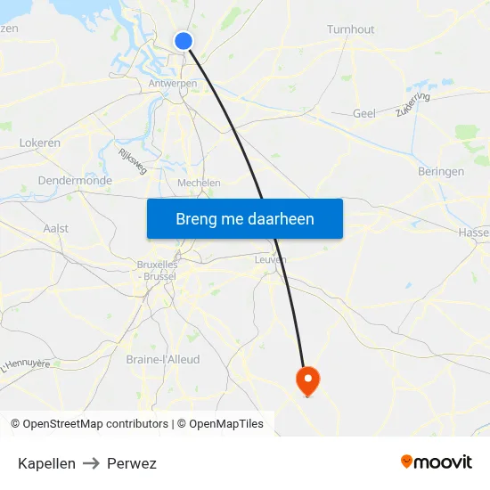 Kapellen to Perwez map