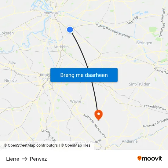 Lierre to Perwez map