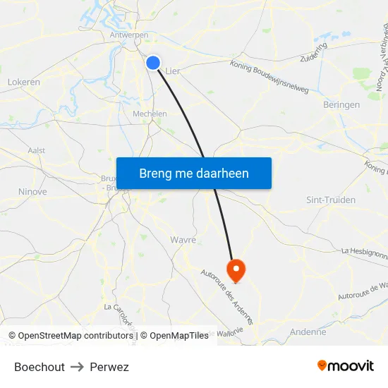 Boechout to Perwez map