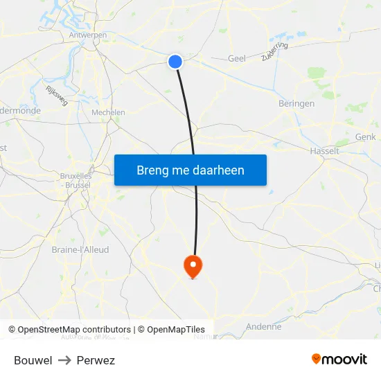 Bouwel to Perwez map