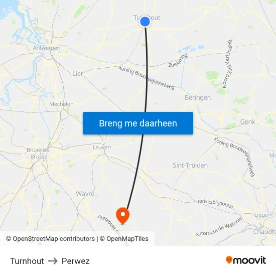 Turnhout to Perwez map