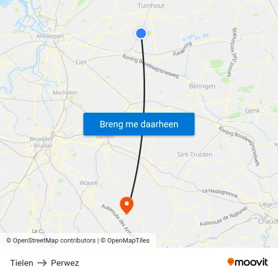 Tielen to Perwez map