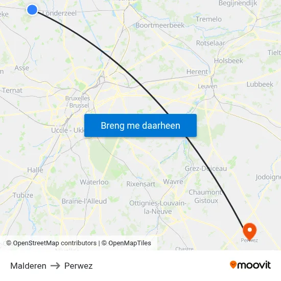 Malderen to Perwez map