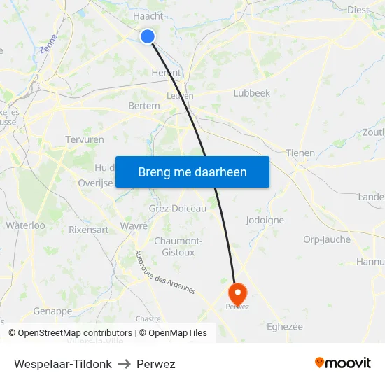 Wespelaar-Tildonk to Perwez map