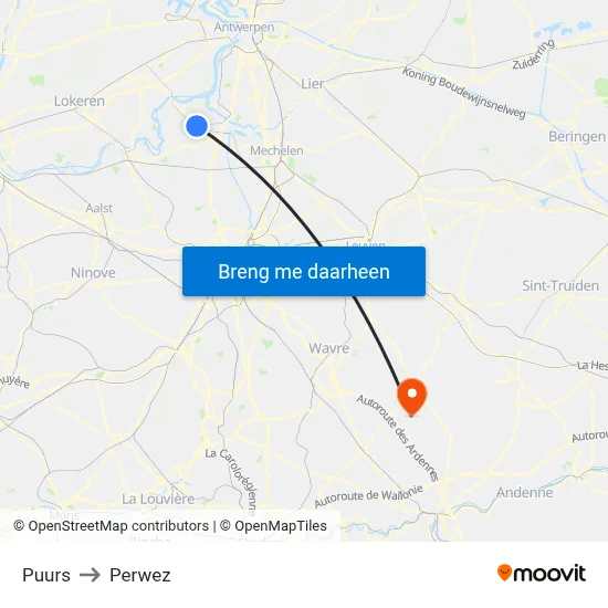 Puurs to Perwez map