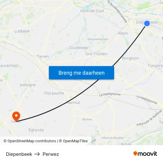 Diepenbeek to Perwez map
