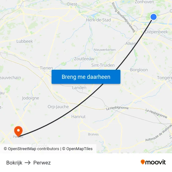 Bokrijk to Perwez map