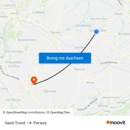 Saint-Trond to Perwez map