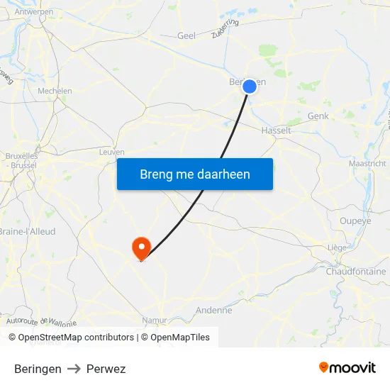 Beringen to Perwez map