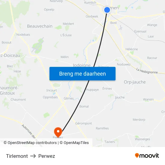 Tirlemont to Perwez map