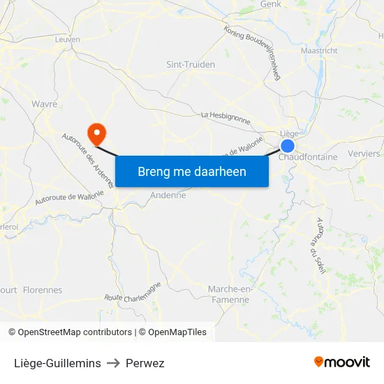 Liège-Guillemins to Perwez map
