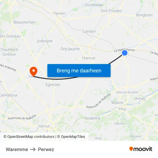 Waremme to Perwez map