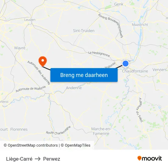Liège-Carré to Perwez map