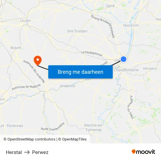Herstal to Perwez map