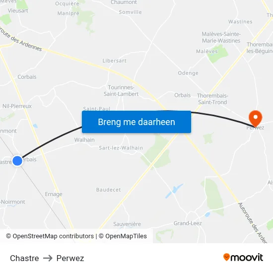 Chastre to Perwez map