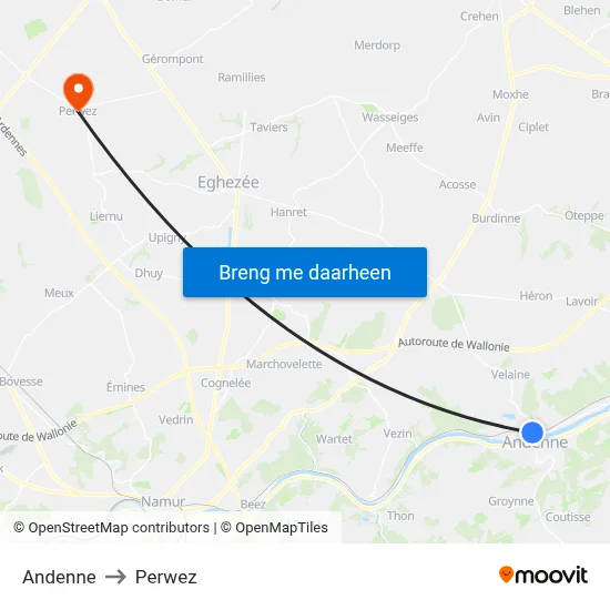 Andenne to Perwez map