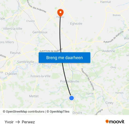 Yvoir to Perwez map