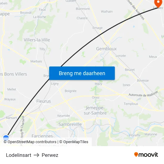 Lodelinsart to Perwez map