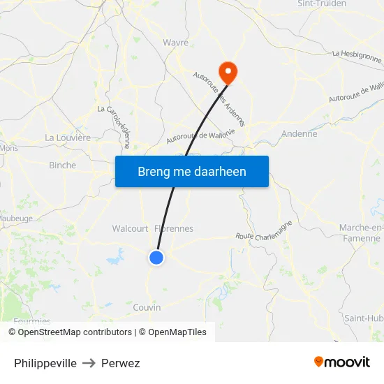 Philippeville to Perwez map