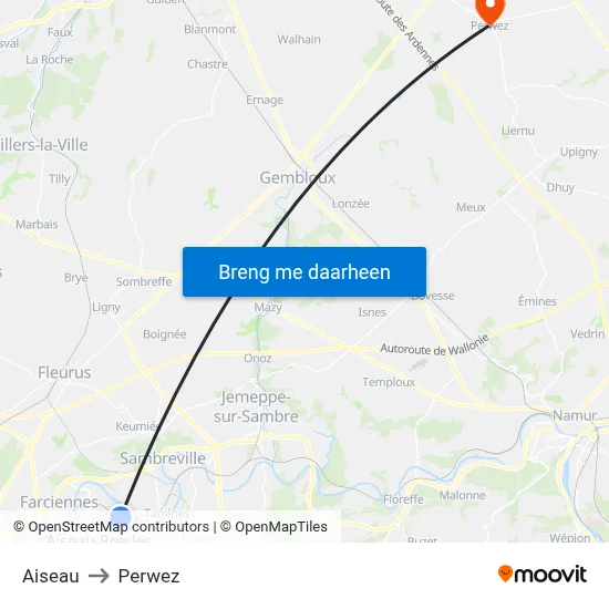 Aiseau to Perwez map