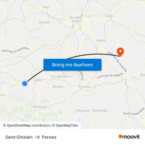 Saint-Ghislain to Perwez map