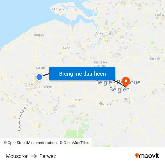 Mouscron to Perwez map