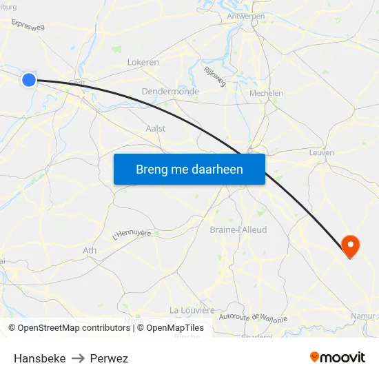 Hansbeke to Perwez map