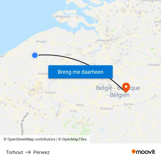 Torhout to Perwez map