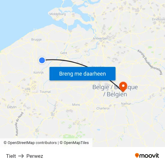 Tielt to Perwez map