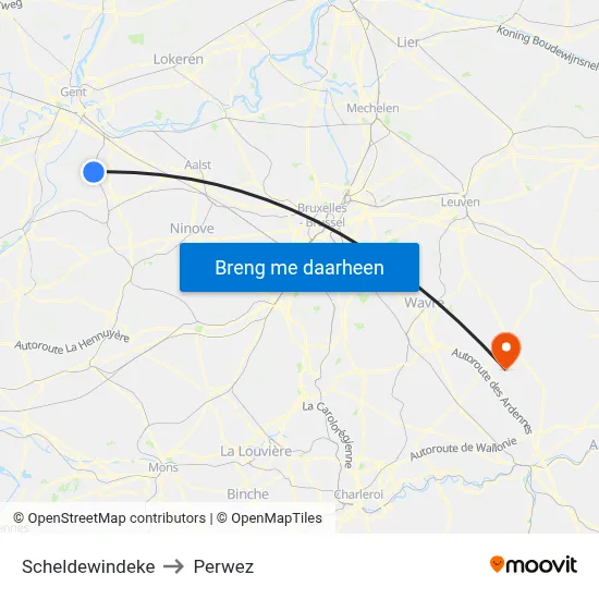Scheldewindeke to Perwez map