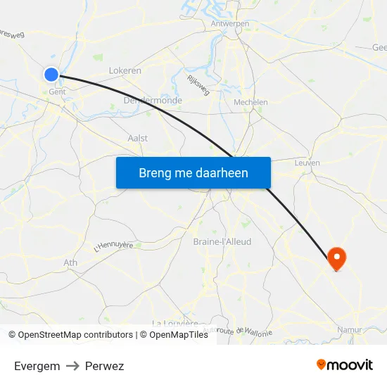 Evergem to Perwez map